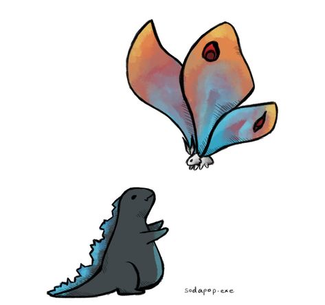 Godzilla y Mothra en un estilo de cuento infantil Godzilla Drawing Cute, Godzilla Tattoo Cute, Godzilla Mothra Tattoo, Godzilla And Mothra Matching Pfp, Simple Godzilla Tattoo, Cute Godzilla Tattoo, Godzilla And Mothra Tattoo, Small Godzilla Tattoo, Mothra Drawing