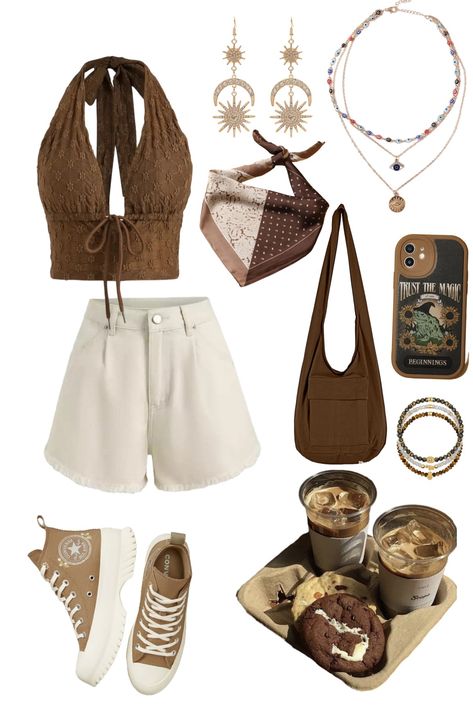 Brown halter top. beige pants. Brown converse shoes. Brown shoulder bag. Half Brown half beige silk hair scarf. Gold sun and moon earrings. Gold beaded necklaces. Tigers eye and jade crystal bracelets. Cute brown leather phone case with graphic of a toad and sunflowers. Coffee Shop Date Outfit Summer, Cute Coffee Shop Outfits, Cute Coffee Date Outfits, Coffee Shop Outfit Summer, Coffee Shop Outfit Aesthetic, Coffee Aesthetic Outfit, Brown Summer Outfits, Coffee Shop Aesthetic Outfits, Dlt Malta