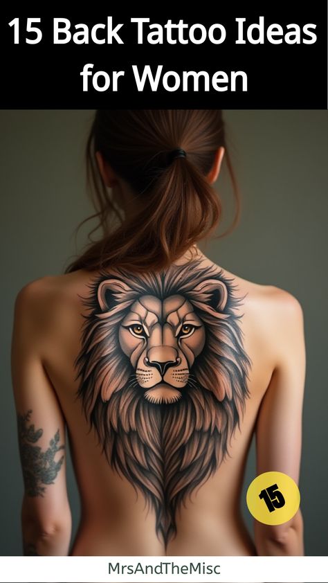 Back Tattoo Ideas for Women,Woman's back with geometric lion tattoo Feminine Spine Tattoos For Women, Lion Back Tattoo Women, Back Tattoo Women Ideas, Women Full Back Tattoo, Unique Back Tattoos Women, Whole Back Tattoo Women, Whole Back Tattoo, Back Tattoos Women, Tattoo Women Ideas