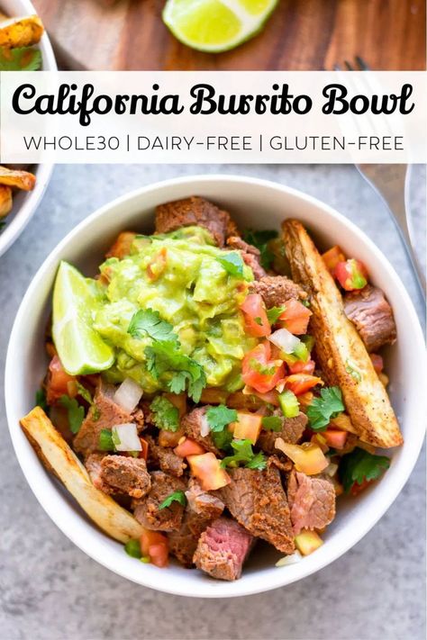 These California burrito bowls are the perfect dish to satisfy your Mexican food craving. The ingredients are all paleo and Whole30 compliant! It's the perfect option for a healthy family dinner! #mexicanfood #whole30 #paleo #whole30recipes #carneasadafries #paleorecipes #healthymexicanfood California Burrito, Healthy Family Dinner, Burrito Bowl Recipe, Healthy Mexican Recipes, Burrito Bowls Recipe, California Food, Healthy Mexican, Healthy Family Dinners, Burrito Bowls