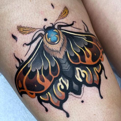 Moth With Flames Tattoo, Moth On Fire Tattoo, Moth Flame Tattoo, Moth Color Tattoo, Sunset Moth Tattoo, Neotraditional Moth Tattoo, Neotraditional Butterfly Tattoo, Moth To A Flame Tattoo, Neotraditional Moth