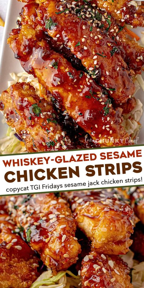 Crunchy chicken strips breaded simply and fried to crispy perfection, then tossed in a mouthwatering whiskey glaze! This copycat recipe tastes just like that appetizer from TGI Fridays, and is perfect for any party or fun dinner! #sesamejack #tgifridays #chickenstrips Whiskey Glaze, Steak Dinner Recipes, The Chunky Chef, Chunky Chef, Crunchy Chicken, Tgi Fridays, Fun Dinner, Sesame Chicken, Chicken Strips