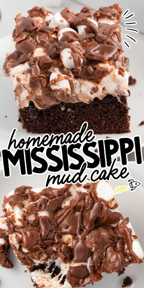 You'll devour the rich layers of Mississippi Mud Cake topped with delectable homemade chocolate frosting, marshmallows, and pecans. Easy to make and perfect for any event, it's a sure crowd-pleaser! Recipe For Mississippi Mud Cake, Mississippi Mud Pie Cake, Mississippi Mud Cake Recipe, Missippi Mud Cake Recipe, Mississippi Mud Cake With Box Cake, Mississippi Mud Cake, Mississippi Mud Pie, Mud Cake Recipes, Slab Cake