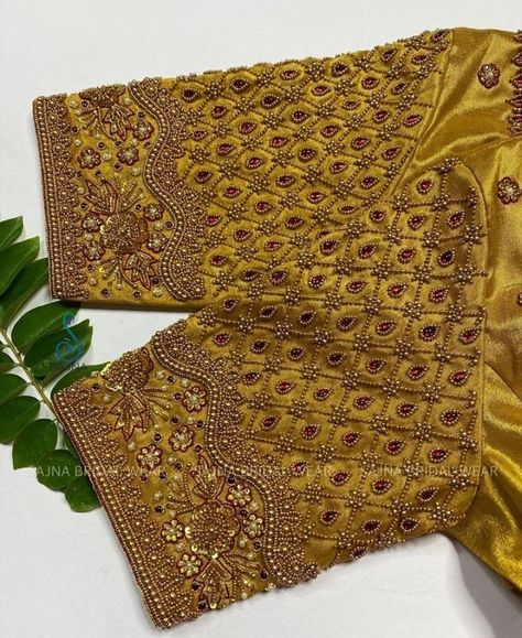 Golden Blouse Aari Work Designs, Heavy Bridal Aari Work Blouse Design, Grand Aari Work Blouse Wedding, Latest Bridal Blouse Designs 2024, Golden Blouse Aari Work, Heavy Bridal Aari Work Blouse Designs, Trendy Aari Work Blouse Designs, Bridal Blouse Designs Heavy Work, Golden Saree Blouse Designs