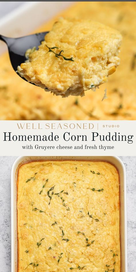 Creamy Southern Corn Pudding (For Thanksgiving!) Savory Corn Pudding, Fall Cornbread, Thanksgiving Pudding, Creamy Corn Pudding Recipe, Jiffy Corn Pudding, Southern Corn Pudding, Sweetcorn Recipes, Easy Corn Pudding, Thanksgiving Corn