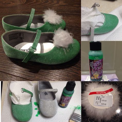 Tinkerbell Shoes.  How to make your own Tinker Bell shoes.  I used an old pair of silver glitter shoes, transparent glass stain (green) and glued a feather strip rolled into a ball on top of the shoes.  Super easy! Tinker Bell Shoes, Disney Playroom, Fairy Shoot, Tinkerbell Shoes, Bell Shoes, Silver Glitter Shoes, Tinkerbell Costume, Green Princess, Tinkerbell Party