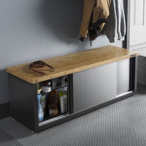 Gladiator Storage Bench - It's a seat, it's an organizational tool … it's the Gladiator Storage Bench and it makes a great addition to any garage or workshop. This sturdy... Gladiator Garage Storage, Gladiator Garage, Diy Storage Projects, Garage Floor Paint, Laundry Room/mud Room, Garage Remodel, Mud Room Storage, Multipurpose Furniture, Garage Work Bench