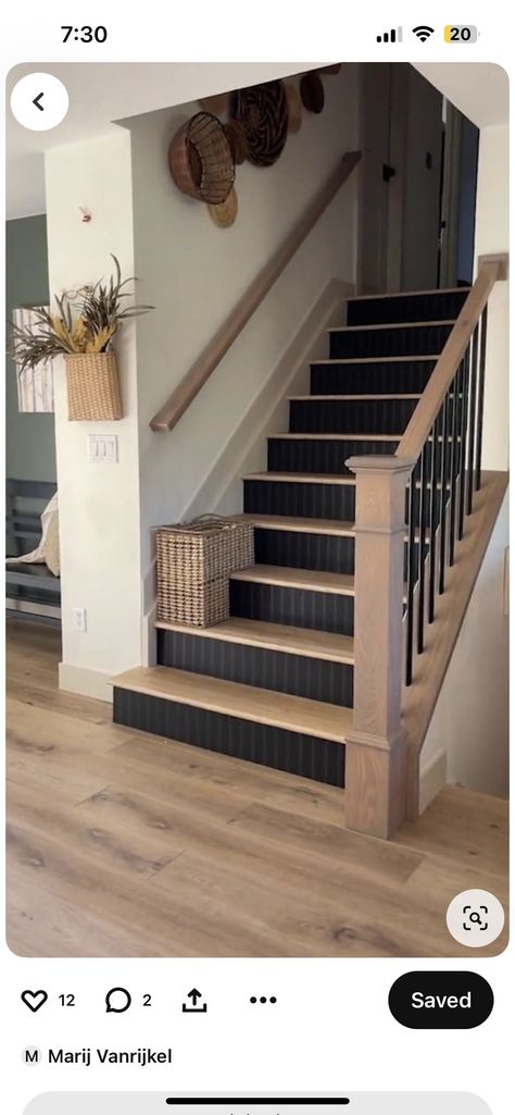 Stained Stairs With Painted Risers, Stair Remodel Staircase Makeover, Split Level Stairway Ideas, Pine Stairs Ideas, Step Ideas Stairs Indoor, Wood Stairs With Tile Risers, Chalk Paint Stairs, Half Staircase Ideas, Stair Placement In House