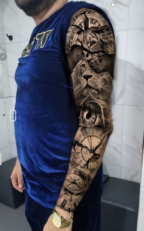 Tiger Butterfly Tattoo, Mens Full Sleeve Tattoo, Lion Sleeve, Nautical Tattoo Sleeve, Lion Forearm Tattoos, Unique Half Sleeve Tattoos, Trash Polka Tattoo Designs, Geisha Tattoo Design, Quarter Sleeve Tattoos