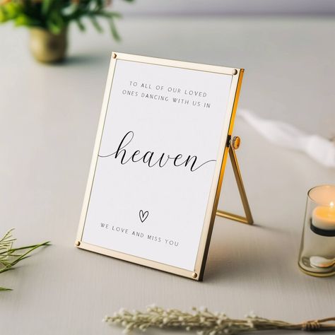 Celebrate the cherished memories of your loved ones with our "Dancing in Heaven" sign, perfect for weddings and memorial tables. This editable sign adds an elegant touch to your rustic or minimalist wedding decor, serving as a loving memory tribute FLD019 Memorial Tables, Dancing In Heaven, Wedding In Memory, In Memory Sign, Wedding Heaven, Minimalist Wedding Decor, Memory Table, Loving Memory, Wedding Memorial