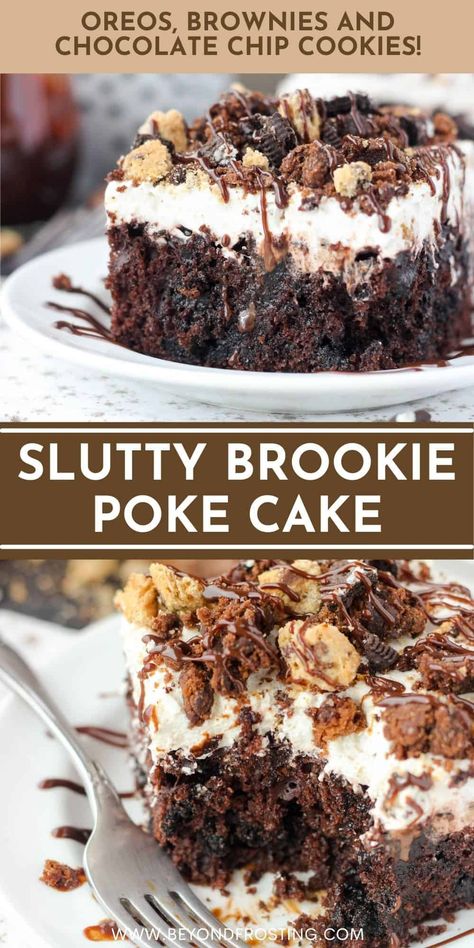 Chocolate Brownie Pudding Cake, Chocolate Cake With Cookies On Top, Birthday Desserts For Him, Chocolate Dessert Ideas For Party, Cookie Dough Poke Cake, Brownie Poke Cake Recipes, Chocolate Chip Poke Cake, Chocolate Crunch Poke Cake, Brownie Heart Cake