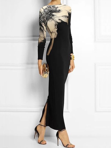 Dresses Black Floral Midi Dress, Fitted Maxi Dress, Ankle Dress, Elegant Party Dresses, Ankle Length Dress, Dresses 2024, Style Maxi Dress, Long Sleeve Bodycon, Dresses Black