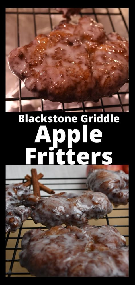 Top Photo: A freshly glazed Apple Fritter on a wire rack.  Bottom Photo:  Several glazed apple fritters resting on a cooling wire rack. Apples On Blackstone, Blackstone Butternut Squash, Blackstone Apple Recipes, Desserts On Griddle, Deserts On Blackstone, Easy Blackstone Griddle Recipes Dessert, Blackstone Recipes Dessert, Blackstone Griddle Dessert Recipes, Blackstone Desert Ideas