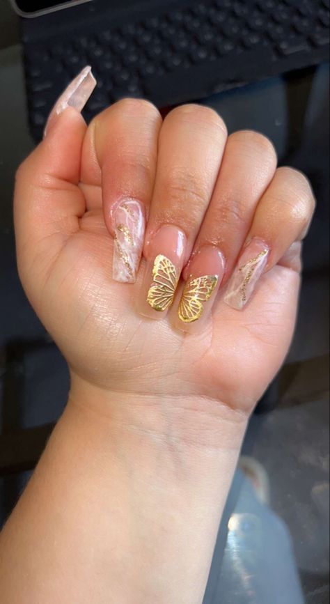 Good Butterfly Nails, Erika Titus Nails Butterfly, White Gold Butterfly Nails, Gold Butterfly Acrylic Nails, Emerald Green And Gold Nails Acrylic Simple, Green And Gold Butterfly Nails, Butterfly Nails Gold, Butterfly Nails 2023, Pink And Gold Butterfly Nails