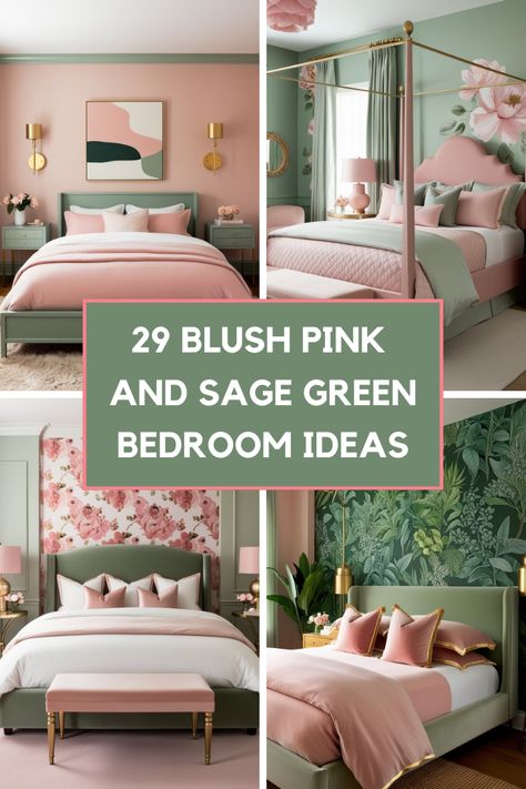 29 Dreamy Blush Pink and Sage Green Bedroom Ideas for a Serene Space - Style Zuri Light Pink And Mint Green Bedroom, Blush Green Bedroom, Pink Olive Bedroom, Pink Room With Green Accents, Sage Green And Dusty Pink Bedroom, Pink And Green Guest Bedroom, Colors That Go With Blush Pink, Sage Blush Bedroom, Pale Pink And Green Bedroom