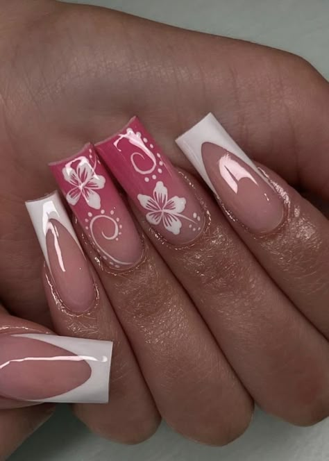 Tropical Nails, Girly Acrylic, Colored Acrylic Nails, French Acrylic Nails, Girly Acrylic Nails, Unique Acrylic Nails, White Nail, Short Acrylic Nails Designs, Pink Acrylic Nails