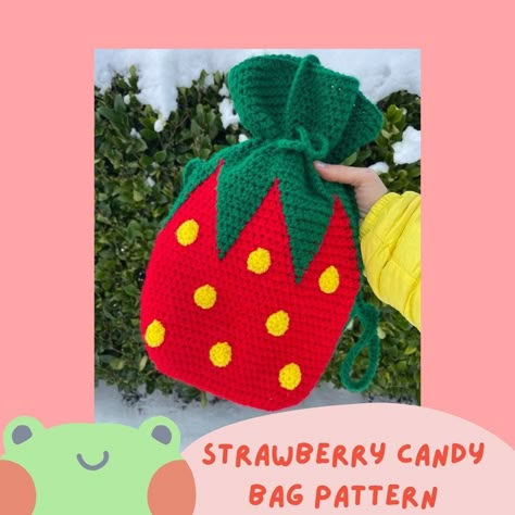 *Digital Pattern only! Comes as an instant PDF download* PLEASE READ WHOLE DESCRIPTION BEFORE PURCHASING! This item isn't available for refunds due to it being digital. Strawberry Candy bag Pattern now available! The funky Strawberry Candy Bag is inspired by those delicious candies that only seem to pop up at your grandma's house. Strawberry Candy bag is approximately 7.5in (19.5cm) wide, 12in (30.5cm) tall, and bottom is 5in (12.7cm) by 2.5in (6.4cm). Crossbody strap is approximately 47in long Strawberry Bag Pattern, Crochet Strawberry Bag, Strawberry Purse, Strawberry Bag, Strawberry Candy, Confection Au Crochet, Crochet Strawberry, Crochet Bag Tutorials, Crochet Design Pattern