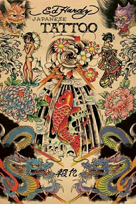 ed hardy Ed Hardy Designs, Ed Hardy Tattoos, Tattoo Poster, Backpiece Tattoo, Filipino Tattoos, Tattoo Posters, Japanese Dragon Tattoo, American Tattoos, Cool Tattoos For Guys