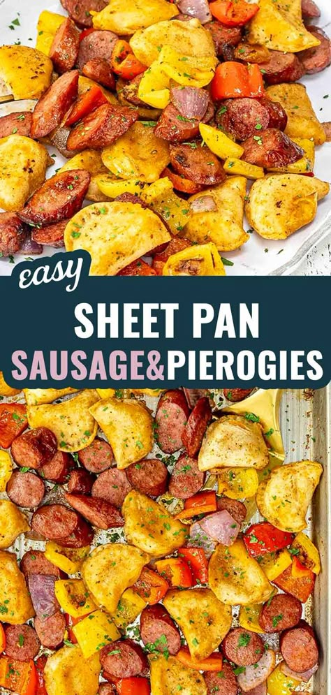 Make weeknight dinners easy with this Sheet Pan Sausage and Pierogies recipe! Crispy, smoky, and ready in 40 minutes! #SheetPanMeals #EasyDinners #ComfortFood Pierogies And Sausage Recipes, Brats And Perogies, Perogies Sheet Pan, Sausage And Pierogies Sheet Pan, Perogies And Kielbasa Sheet Pan, Perogies And Sausage Sheet Pan, Sheet Pan Sausage And Perogies, Sheet Pan Pierogies And Kielbasa, Kielbasa And Pierogies Sheet Pan Meal