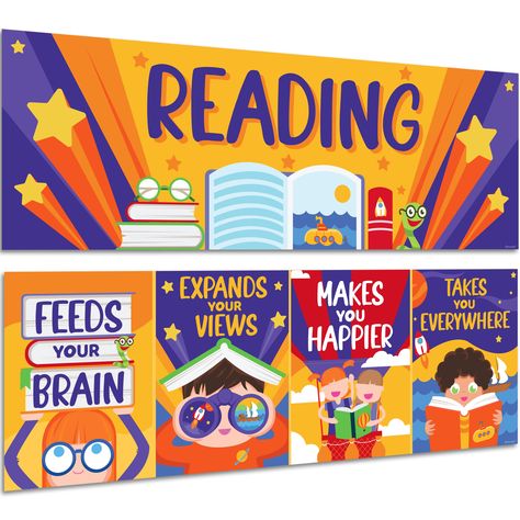 PRICES MAY VARY. VIBRANT READING POSTERS FOR LIBRARY - Encourage kid's love for reading with these reading posters for elementary school, which feature reading benefits. Display it as library bulletin board decorations & elementary school posters for classroom. PREMIUM READING SIGN - Made with 250gsm paper & matte finish, these classroom library decorations are glare-resistant & sure to last many school years. This reading poster can be used as reading classroom decorations & library decorations Reading Posters For Classroom Library, Class Library Decorations, Library Poster Design Ideas, Wall Design School, Library Decorations School, Library Poster Design, Library Decorating Ideas Elementary, Reading Posters For Classroom, School Library Themes