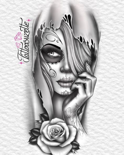 Catrina tattoo design #tatuajesparamujeres #tatuajes Traditional Chicano Tattoos, Sugar Skull Art Drawing, Art Chicano, Images Noêl Vintages, Catrina Tattoo, Skull Girl Tattoo, Rose Drawing Tattoo, Girl Face Tattoo, Chicano Style Tattoo