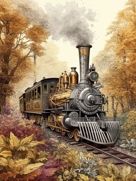 Historic Steam Engine - Gold Vintage Train Train Artwork, Steam Trains Photography, Train Wallpaper, Train Vintage, Train Drawing, Old Steam Train, Railroad Art, Train Posters, Steam Engine Trains