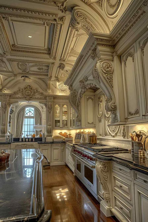 60 Enchanting Kitchen Inspirations: Infused with Renaissance and Rococo Magic Intricate Interior Design, Royal Kitchen Aesthetic, House Details Interior, Old Money House Interior Kitchen, French Rococo Interior Design, Old Fashion Houses Interior, Royal Kitchen Luxury, Victorian Homes Kitchen, Rococo Mansion