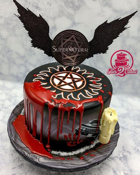 Supernatural Watch Party, Supernatural Birthday Cake Ideas, Supernatural Cakes Birthdays, Supernatural Cupcakes, Supernatural Cake Ideas, Supernatural Birthday Cake, Supernatural Cake, Country Birthday Cakes, Skittles Cake