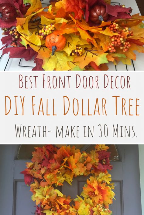 Make your door colorful this fall with a one of kind fall dollar tree wreath. With a few simple supplies make this breathtaking diy autumn wreath. Your front door will have all the fall vibes. Fall Dollar Tree Wreath | easy fall wreaths dollar tree | easy fall wreaths diy dollar tree | dollar tree leaf wreath | diy dollar tree leaf wreath | autumn wreath dollar tree | diy autumn wreath dollar tree | diy fall wreath | diy autumn wreath Easy Fall Wreaths Diy, Leaf Wreath Diy, Wreath Diy Dollar Tree, Diy Autumn Wreath, Fall Dollar Tree Diy Decor, Outside Fall Decorations, Dollar Tree Wreath, Maple Leaf Wreath, Easy Fall Wreaths