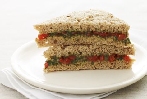 Red Pepper and Pesto Tea Sandwiches Roast Red Peppers, Tea Sandwiches Recipes, Sandwich Menu, Pesto Sandwich, Kosher Cooking, Afternoon Tea Recipes, Za Atar, Whats For Lunch, Kosher Recipes