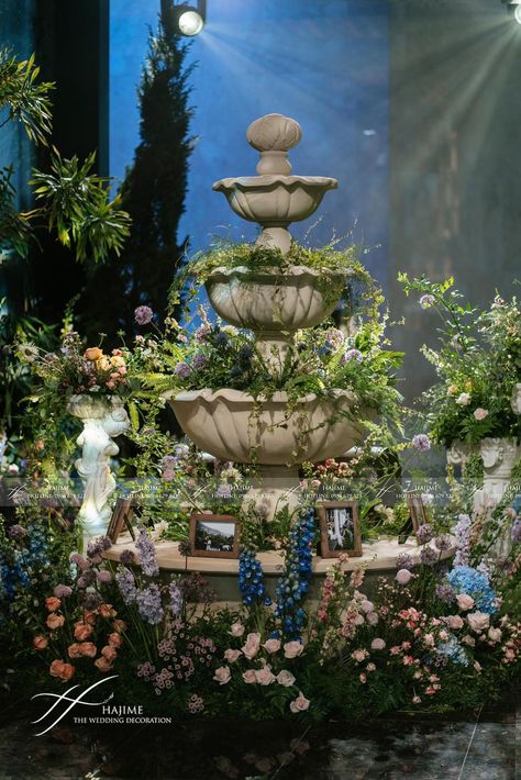 Fountain Centerpiece Wedding, Whimsical Event Decor, Fountain Floral Installation, Garden Party Elegant, Bridgerton Floral Arrangements, Swan Lake Themed Debut, Wedding Fountain Decor, Wedding Entrance Flowers, Fountain Wedding Decor