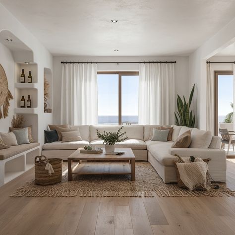 Coastal-inspired interiors to bring the beach vibes home 🌊💙 Would you decorate like this? #coastaldesign #coastalvibes #interiordesign #design #InteriorDesigner #coastaldecor Boho Coastal Living Rooms, California Coastal Interior Design, Coastal Boho Living Room, Modern Coastal Interior, Australian Decor, Rustic Coastal Decor, Coastal Office, Transitional Coastal, Plant Styling