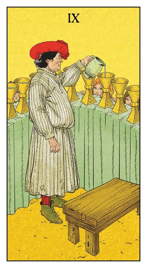 Llewellyn Tarot, Nine Of Cups, Tarot Minor Arcana, Suit Of Cups, Tarot Cups, Cups Tarot, Swords Tarot, Vintage Tarot, Author Branding