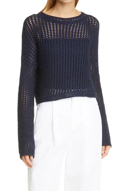 Women's Blue Sweaters | Nordstrom Crochet Crewneck, Navy Crochet, Open Stitch Sweater, Mesh Sweater, Sweater Design, Sweaters Oversized, Cotton Sweater, Blue Sweaters, Cotton Yarn