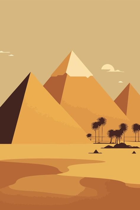 Egyptian pyramids in the desert. Vector illustration of a flat design. Egypt Art Design, Egypt Illustration Art, Desert Vector Illustration, Illustrator Flat Design, Egyptian Graphic Design, Desert Illustration Art, Pyramids Background, Pyramids Illustration, Desert Pyramids