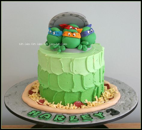 Amanda requested a Ninja turtle cake for her Son Harley's 3rd Birthday. She had a certain cake in mind (by My Sweet Things, which had a topper by Sugar High, Inc.). I must admit I loved the cake, I had already saved it in my favourites folder to use as inspiration one day, but as you all know I never directly copy a design. So with that in mind and Amanda saying Harley was having a pizza party, I set about making this cake. I hope Harley has an awesome party tomorrow. Cake: Chocolate mud Filli Turtle Cakes, Kindergarten Snacks, Ombre Buttercream, Ninja Turtle Birthday Cake, Turtle Birthday Cake, Teenage Mutant Ninja Turtle Cake, Tmnt Cake, Turtle Birthday Parties, Tmnt Birthday