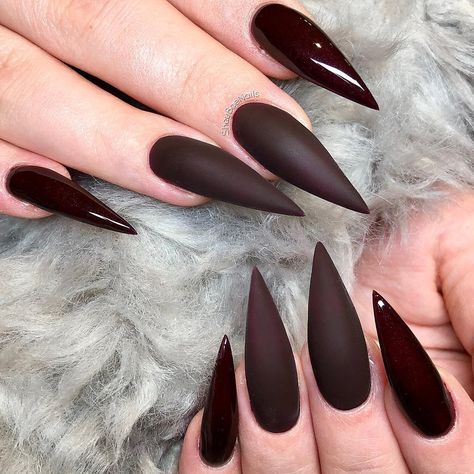 Pointy Fall Nails, Black Cherry Opi, Black Cherry Nails, Nails Sharp, Dark Color Nails, Matte Stiletto Nails, Ballerina Acrylic Nails, Sharp Claws, Witchy Nails