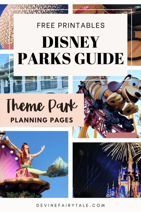 Various Disney themed photos with title: Disney Parks Guide: Theme Park Planning Pages Disney Planning Binder, Planning A Disney World Vacation, Planning Printables Free, Theme Park Planning, Fairytale Disney, Universal Vacation, Disney World Vacation Planning, Planning Pages, Disney Vacation Planning