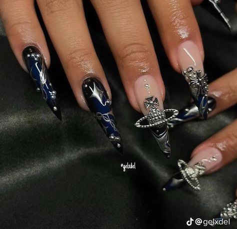 Concert Nails, Blue Gel Nails, Dark Blue Nails, Medium Nails, Grunge Nails, Blue Y2k, Y2k Nails, Blue Nail Designs, Dark Nails