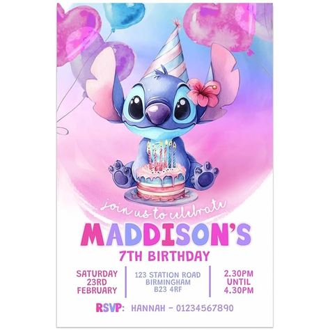 Personalised Stitch Birthday Party Invitations, Girls Cute Pastel Stitch and Angel Invites, First, 2nd, 3rd, 4th, 5th 6th 7th 8th 9th 10th 13th any age | PACK OF 10 WITH ENVELOPES : Amazon.co.uk: Handmade Products 7th Birthday Invitations Girl, Stitch Sleepover, Stitch And Angel Birthday Party, Pastel Stitch, Stitch Bday, Stitch Birthday Invitation, Stitch Birthday Party, Stitch Party, Stitch Birthday