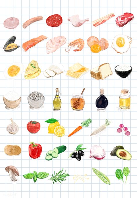 Hand drawn food ingredients watercolor style | free image by rawpixel.com Food Ingredients Illustration, Ingredients Illustration, Meat Drawing, Embroidery Icons, Food Frame, Watercolour Food, English Homework, One Pot Wonder, Visual Illustration