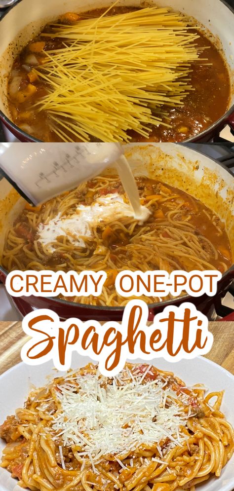 CREAMY ONE POT SPAGHETTI - Family Dinner Delights One Pot Creamy Spaghetti, Creamy Speggetti Recipes, Spaghetti Sauce With Heavy Cream, Spaghetti Sauce With Alfredo, Spaghetti With Heavy Cream, One Pot Spaghetti Alfredo, One Pot Spaghetti With Alfredo, Alfredo Spaghetti Sauce Pasta, Spaghetti Recipes With Alfredo Sauce