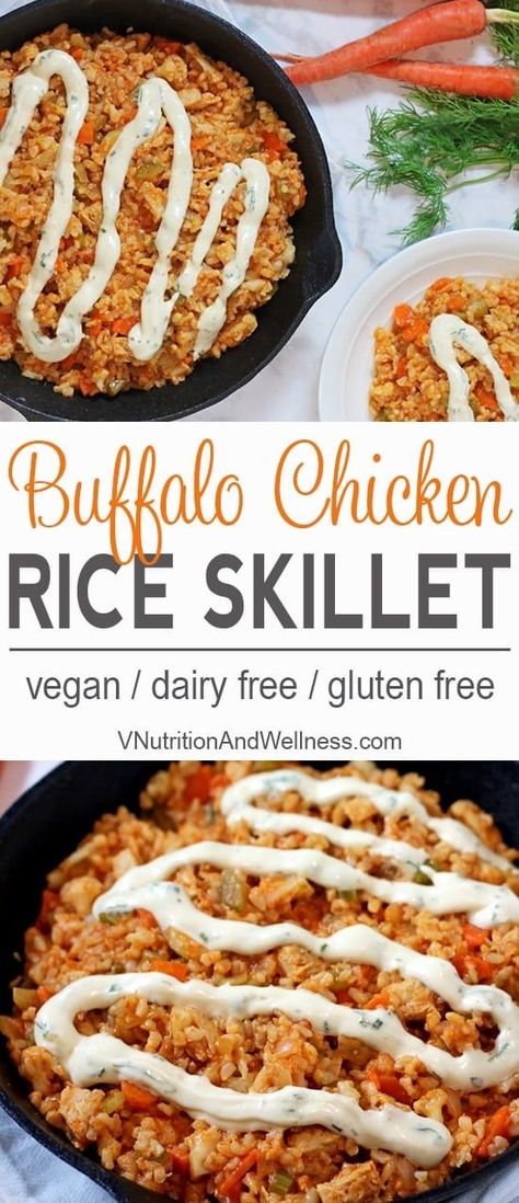 Vegan Buffalo Chicken Rice Skillet | Vegan chicken, brown rice & veggies make a perfect football meal! vegan recipe, buffalo chicken Chicken Rice Veggies, Vegan Buffalo Chicken, Buffalo Chicken Rice, Chicken Rice Skillet, Chicken Brown Rice, Riced Veggies, Rice Skillet, Vegan Chicken, Cooking Turkey