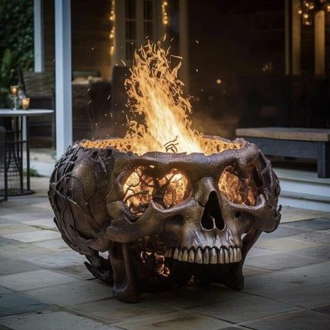 Skull Fire Pit, Gothic House Decor, Skull Bedroom, Skull Furniture, Gothic Homes, Black Bedroom Design, Skull Fire, Fantasy Furniture, Gothic Furniture