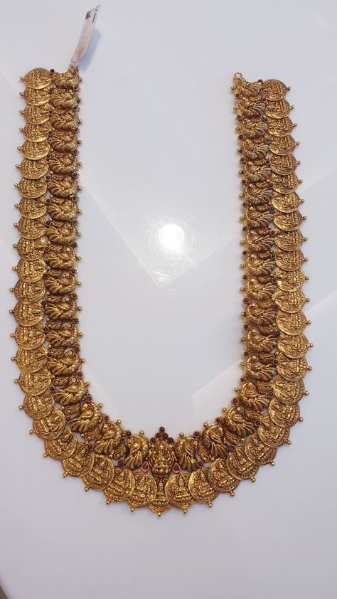 Temple Design Gold Haram, Heavy Long Haram Designs Gold, Kaasu Mala Gold Haram Antique, Antique Kasulaperu Designs, Light Weight Antique Haram Designs Gold, Antique Gold Haram Designs, Lakshmi Kasula Haram, Light Weight Long Haram Gold, Kasula Haram Designs Gold Latest