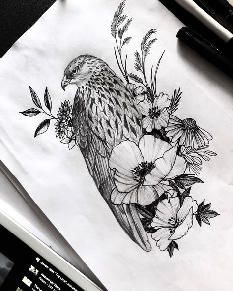 Hawk Flower Tattoo, Eagle With Flowers Tattoo For Women, Bald Eagle With Flowers Tattoo, Birds Of Prey Tattoos Women, Falcon Tattoo For Women, Floral Eagle Tattoo, Hawk And Flower Tattoo, Hawk With Flowers Tattoo, Floral Hawk Tattoo