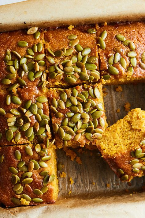 Pumpkin Maple Cornbread Recipe - NYT Cooking Pumpkin Maple Cornbread, Maple Cornbread Recipe, Corn Dessert, Thanksgiving Pumpkin Recipes, Poached Fruit, Maple Cornbread, Thanksgiving Dessert Recipes, Corn Bread Bake, Crumb Muffins