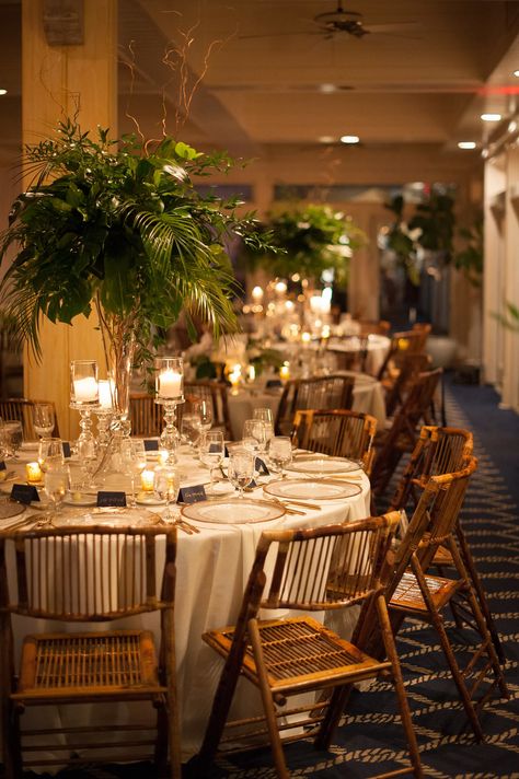 Indoor Wedding Reception Decor, Palm Leaf Centerpiece, Rustic Country Wedding Decorations, Clearwater Beach Wedding, Bamboo Chairs, Tropical Wedding Inspiration, Romantic Beach Wedding, Indoor Wedding Receptions, Romantic Wedding Receptions