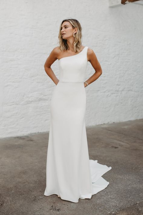 Love Story Bride | Harper Wedding Dress One Shoulder Wedding Dress Simple, Sleek Wedding Dress, Plain Wedding Dress, Petite Wedding Dress, Crepe Skirt, Destination Wedding Dress, Minimalist Wedding Dresses, Womens Wedding Dresses, Stunning Wedding Dresses