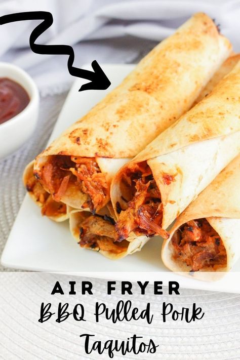 air fryer bbq pulled pork taquitos stacked on a white plate with a small bowl of bbq sauce in the background Pulled Pork Taquitos, Pork Bbq Sauce, Pork Taquitos, Low Carb Pulled Pork, Pulled Pork Bbq Sauce, Pork Burritos, Pulled Pork Leftover Recipes, Wonton Wrapper Recipes, Leftover Pulled Pork